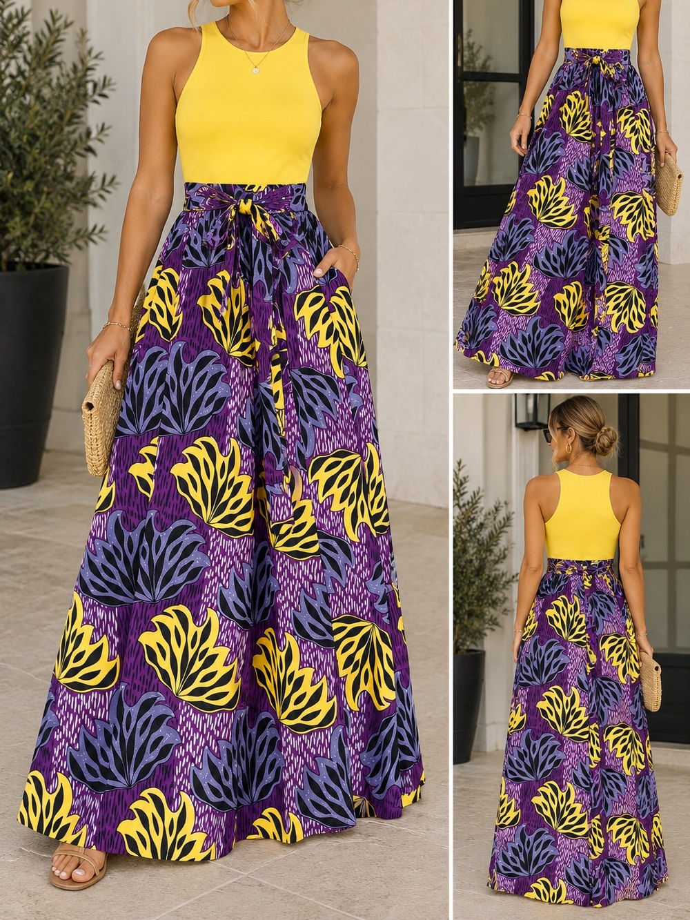 Floral Handmade Print Purple Maxi Skirt with Yellow Accents